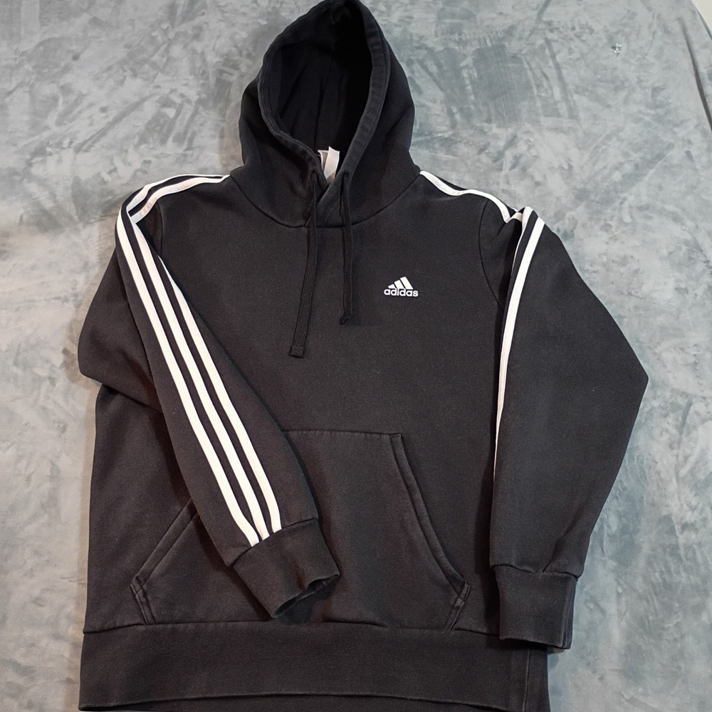 Adidas Mens Essentials 3-Stripe Fleece Hoodie Black White Logo Pullover Medium